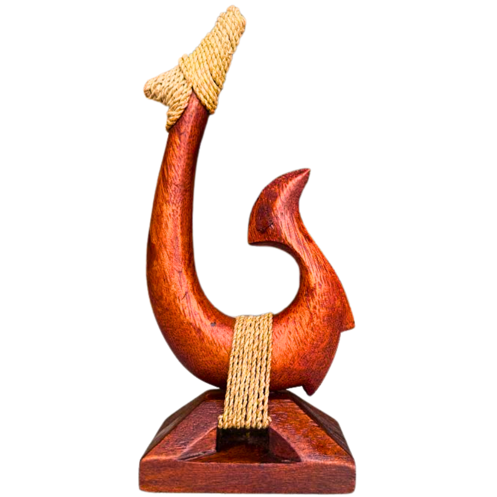 Hand-Carved Hawaiian Fish Hook Statue on Base – 7”