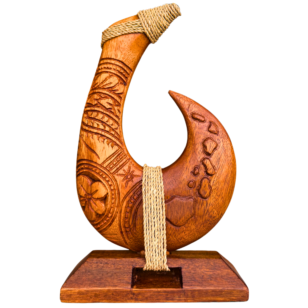 Hand-Carved Engraved Hawaiian Fish Hook Statue with Island Map – 8”