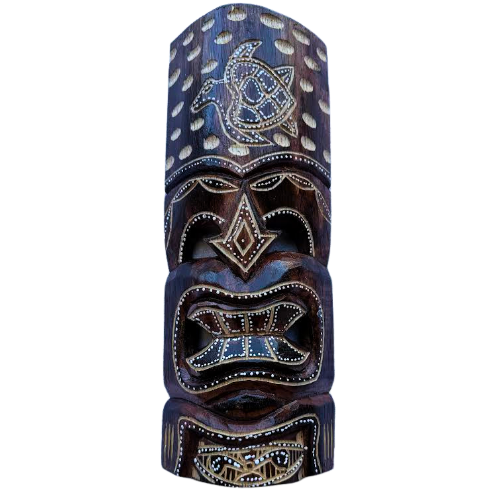Hand-Carved Hawaiian Tiki Mask with Honu Design – Tribal Brown Wall Art