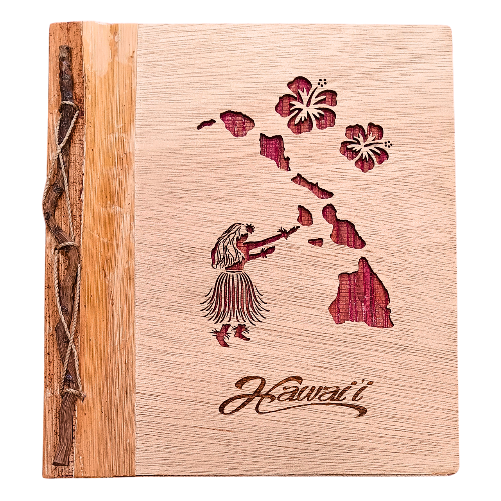 Handmade Natural Wood Photo Album – Hawaii Hula Girl & Islands Design